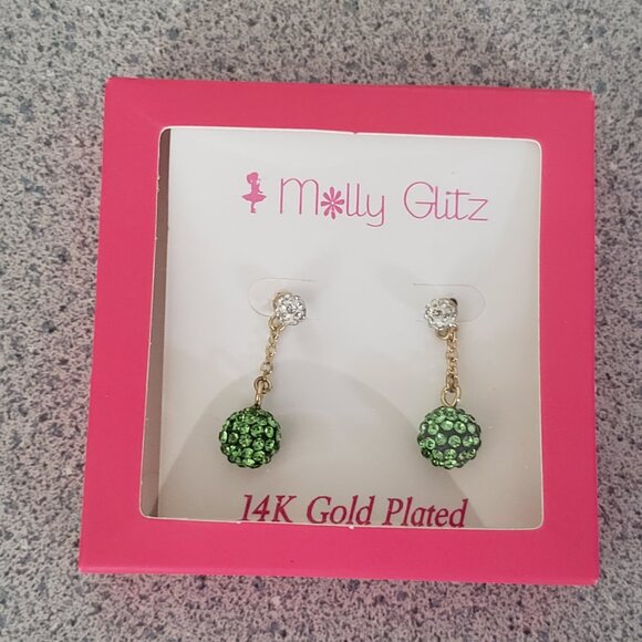Molly Glitz 14k Gold Plated Lime White Crystal Ball Dangle Earrings - Picture 4 of 7